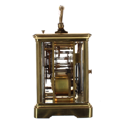 1201 - Repeater carriage clock striking on a gong, within a corniche brass case, 6.5