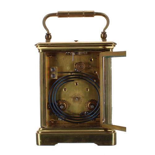 1201 - Repeater carriage clock striking on a gong, within a corniche brass case, 6.5
