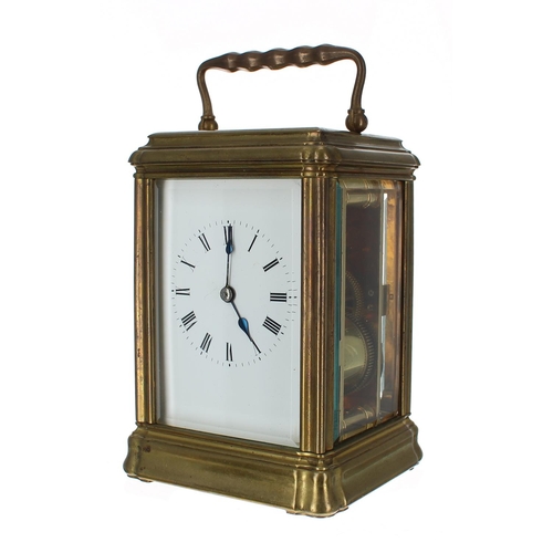 1208 - French carriage clock striking on a gong, within a gorge brass case, 6.25