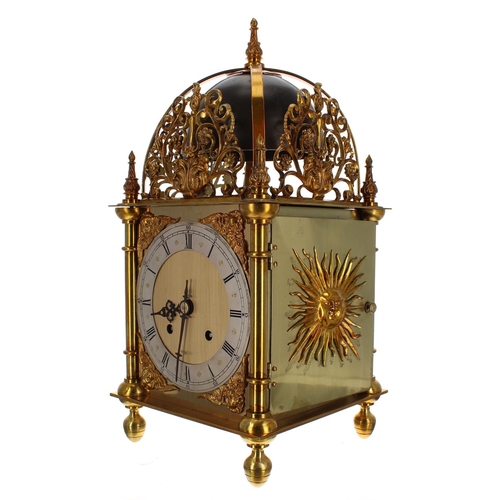 1334 - Impressive contemporary gilt brass and lacquered two train lantern clock, the movement with platform... 