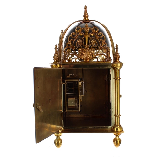 1334 - Impressive contemporary gilt brass and lacquered two train lantern clock, the movement with platform... 