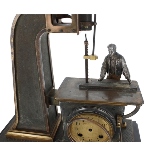1304 - Very rare French bronze André Guilmet novelty sawmill Industrial mantel clock, the two train movemen... 