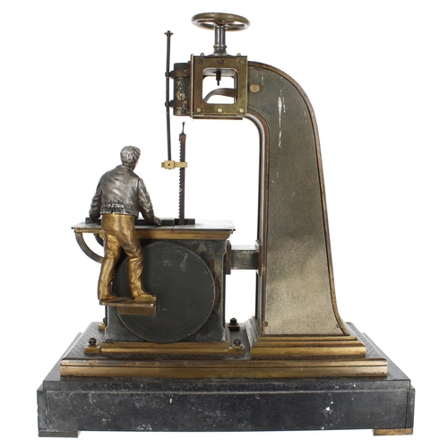 1304 - Very rare French bronze André Guilmet novelty sawmill Industrial mantel clock, the two train movemen... 