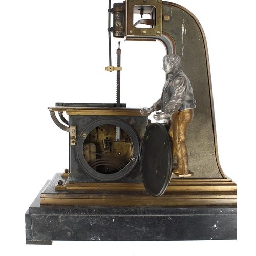 1304 - Very rare French bronze André Guilmet novelty sawmill Industrial mantel clock, the two train movemen... 
