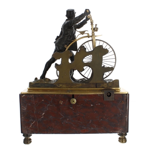 1305 - Extremely rare French automaton bronze and ormolu mantel clock timepiece surmounted by the standing ... 