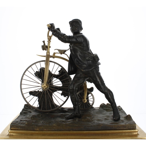 1305 - Extremely rare French automaton bronze and ormolu mantel clock timepiece surmounted by the standing ... 