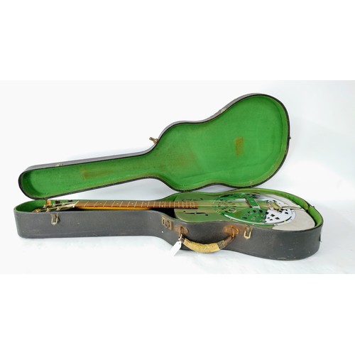 145 - Late 1960s Dobro model 36 resonator guitar, made in USA; Body: nickel plated brass body, light marks... 