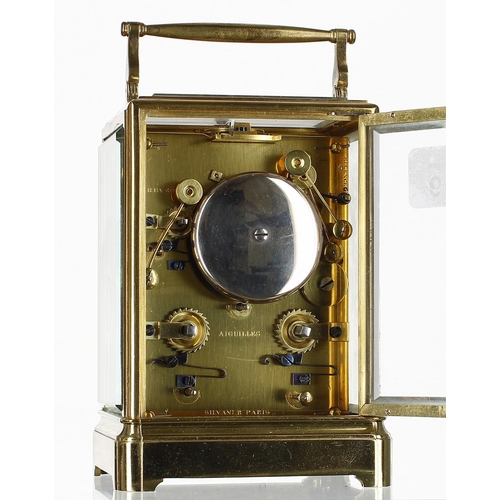 1219 - Good French repeater carriage clock with calendar, the movement back plate signed Silvani B. Paris a... 