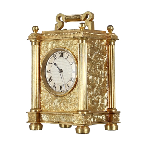 1221 - Good small English ormolu carriage clock timepiece, the inside back door inscribed Mortimer & Hu... 