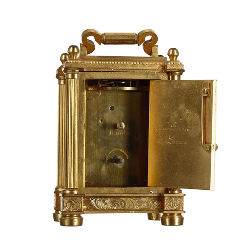1221 - Good small English ormolu carriage clock timepiece, the inside back door inscribed Mortimer & Hu... 