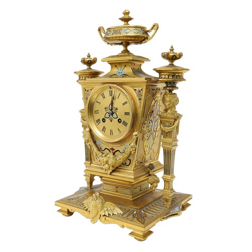1507 - Decorative ormolu and enamelled Egyptian inspired two train mantel clock striking on a bell, the 3.5... 