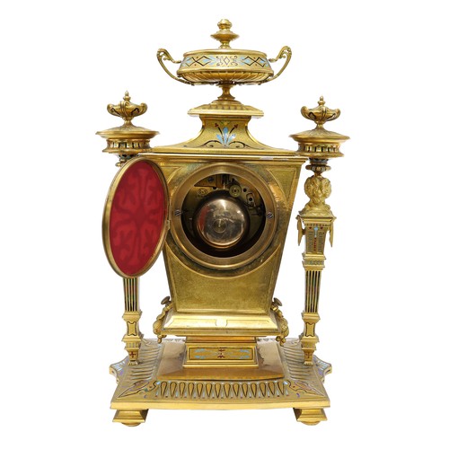 1507 - Decorative ormolu and enamelled Egyptian inspired two train mantel clock striking on a bell, the 3.5... 