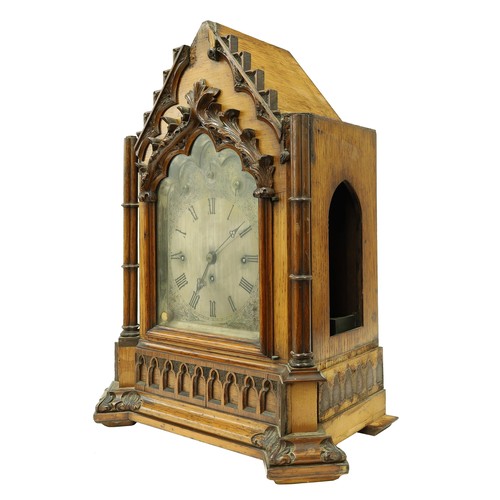 1512 - English gothic triple fusee boardroom clock with bracket in need of some restoration, the 7.25” foli... 