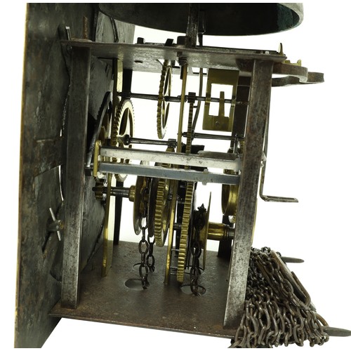 1708 - Early Quaker brass hook and spike thirty hour wall clock timepiece, the 9