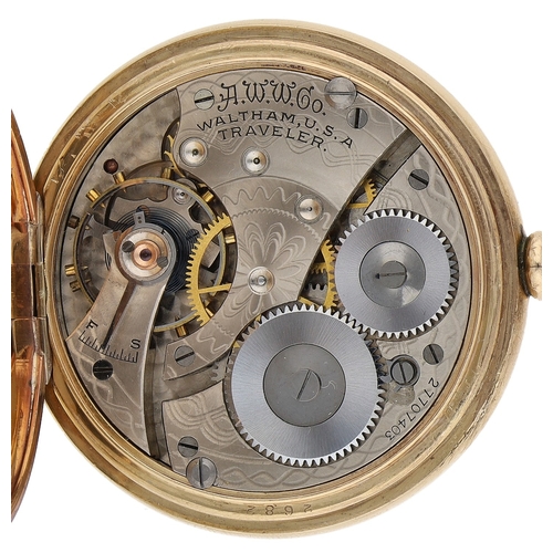 425 - American Waltham Traveler gold plated half hunter pocket watch, circa 1932, no. 27707403, 16s signed... 