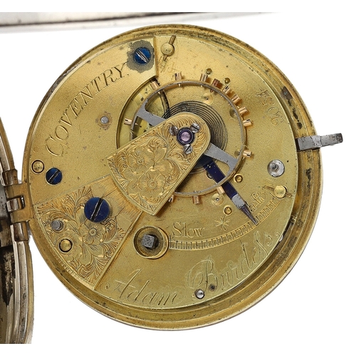 437 - Adam Burdess, Coventry - silver fusee lever pocket watch, London 1875, no. 9054, signed fusee moveme... 