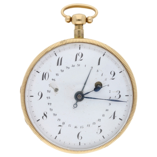 446 - French 18ct plunge quarter repeating calendar pocket watch, finely engraved gilt fusee movement with... 