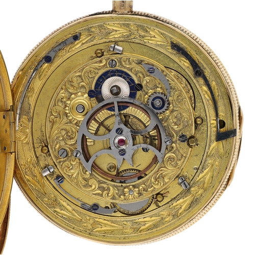 446 - French 18ct plunge quarter repeating calendar pocket watch, finely engraved gilt fusee movement with... 