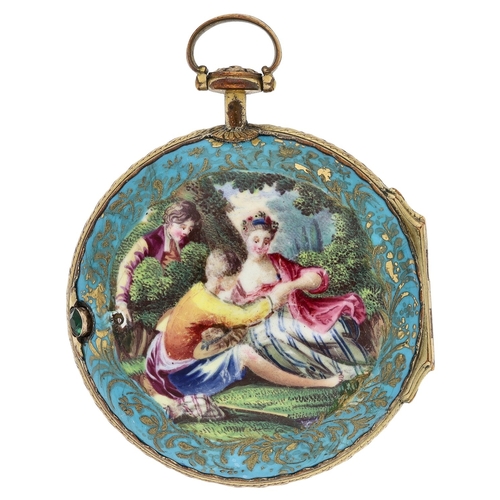 447 - Hughes, London - attractive gilt and enamel verge pocket watch, no. 1940, signed fusee movement with... 