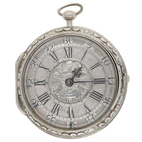 454 - Jno Collins, London - English 18th century silver repoussé pair cased verge pocket watch, no. 571, s... 