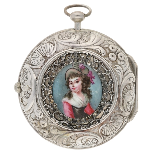 454 - Jno Collins, London - English 18th century silver repoussé pair cased verge pocket watch, no. 571, s... 