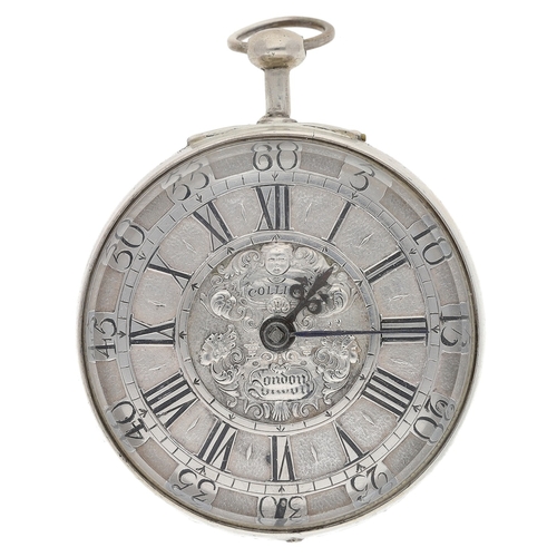 454 - Jno Collins, London - English 18th century silver repoussé pair cased verge pocket watch, no. 571, s... 