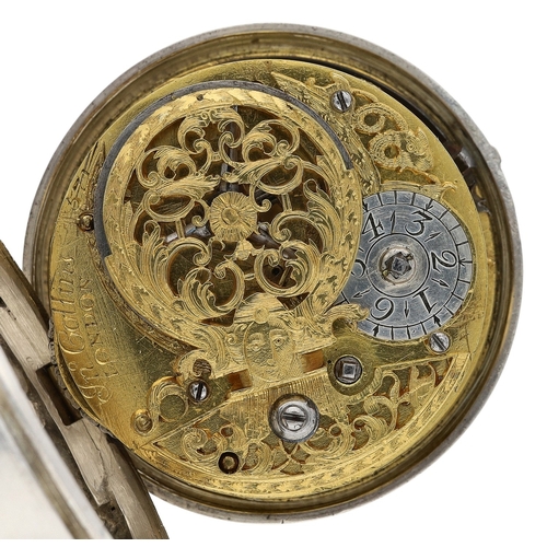 454 - Jno Collins, London - English 18th century silver repoussé pair cased verge pocket watch, no. 571, s... 