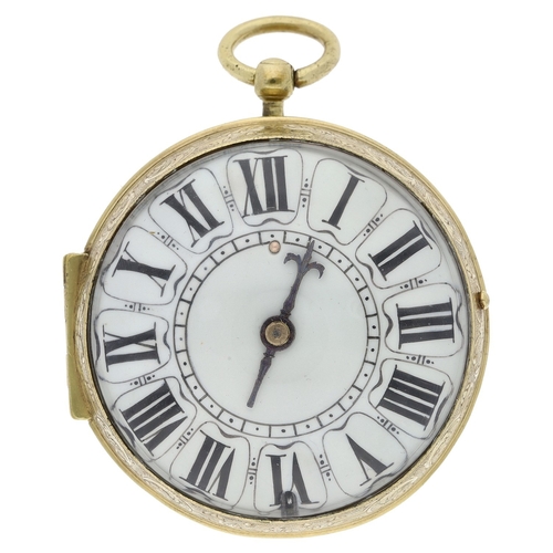 455 - D. Millard, Paris - late 17th century French Oignon gilt metal verge pocket watch with mock pendulum... 