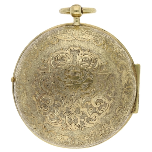 455 - D. Millard, Paris - late 17th century French Oignon gilt metal verge pocket watch with mock pendulum... 