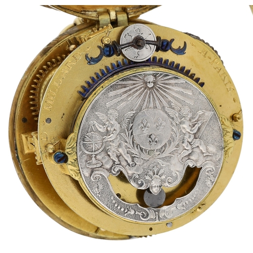 455 - D. Millard, Paris - late 17th century French Oignon gilt metal verge pocket watch with mock pendulum... 