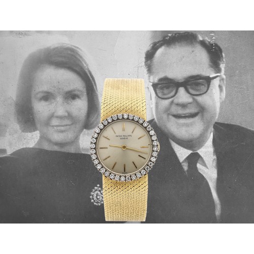Interesting and fine Patek Philippe 18ct lady's wristwatch, reference no. 3355/1, case no. 2653xxx, movement no. 994xxx, circa 1967, silvered dial with baton markers, the bezel set with thirty-six round brilliant-cut diamonds, manual wind cal. 13.5 20 jewel movement stamped with the seal of Geneva, the case back with engraved personal inscription from Richard Condon to his wife, Evelyn, integral textured bracelet with folding PP clasp 49.1gm, 24mm  