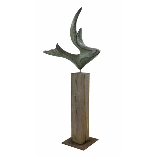 Lynn Warren 'Airborne', a bronzed copper effect resin sculpture, mounted on wooden pillar plinth with steel plate base, 75" high overall
