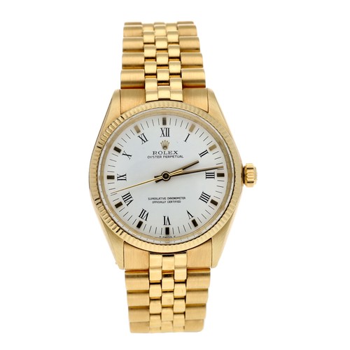 Rolex Oyster Perpetual 18ct gentleman's wristwatch, reference no. 1005/8, serial no. 1646xxx, circa 1967, fluted bezel, white Roman numeral dial with centre seconds, jubilee bracelet, 113.2gm, 34mm