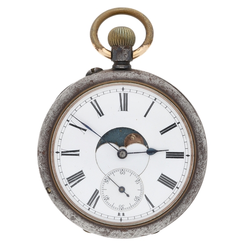 13 - Swiss double sided gunmetal calendar pocket watch with moon phase, unsigned gilt frosted lever movem... 