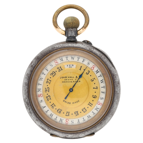 13 - Swiss double sided gunmetal calendar pocket watch with moon phase, unsigned gilt frosted lever movem... 