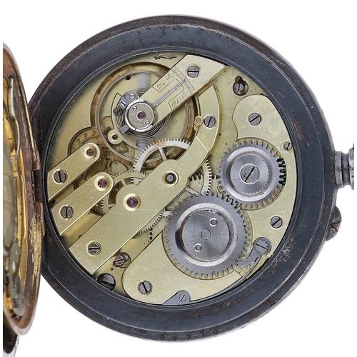 13 - Swiss double sided gunmetal calendar pocket watch with moon phase, unsigned gilt frosted lever movem... 