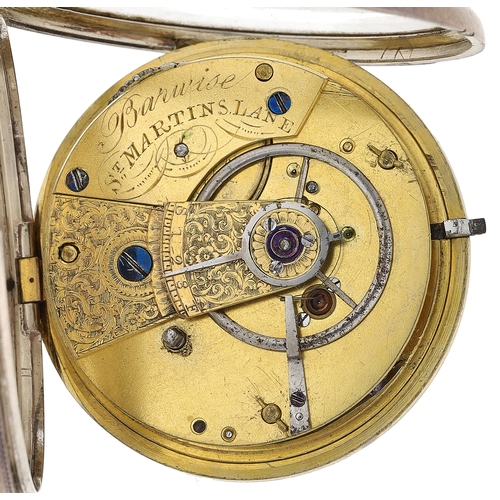 23 - Barwise, St Martins Lane - George IV silver duplex pocket watch, London 1829, signed fusee movement ... 