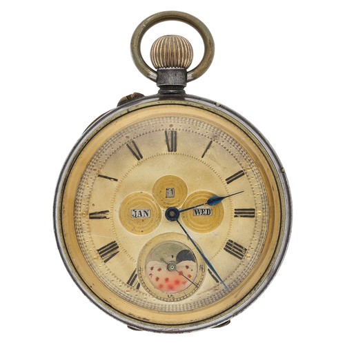 28 - Swiss gunmetal lever calendar pocket watch with moon phase, No. 12633, unsigned movement, gilded Rom... 