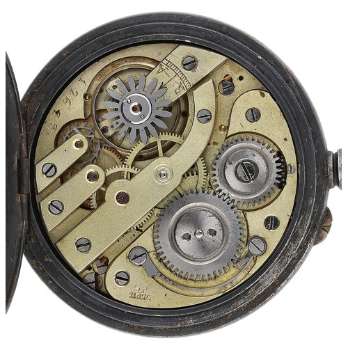 28 - Swiss gunmetal lever calendar pocket watch with moon phase, No. 12633, unsigned movement, gilded Rom... 