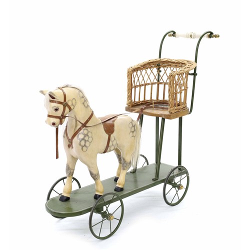 Royal Gig Horse, in the manner of G&J Lines, having a stationary single horse and high cane seat, on a green painted board with four 8" diameter wheels, 43" long
