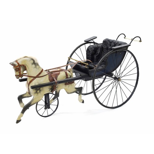 Antique horse and gig carriage by and labelled Millson's Oxford Street and Southampton Row, the horse with metal disc eyes and horse hair mane and tail, the gig having an upholstered interior and ceramic handle, all on three wheels having rubber tyres, 61" long
