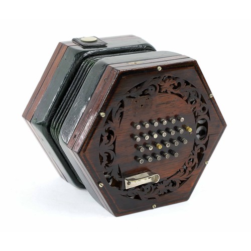 2533 - English treble concertina probably by Scates, with forty-eight metal buttons on foliate pierced rose... 