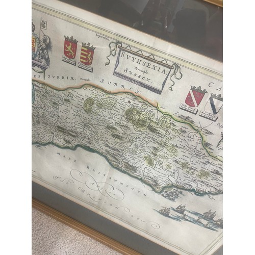 69 - Map of Sussex with the Heraldic Coats of Arms of the Noble Families of that County, with Latin text ... 