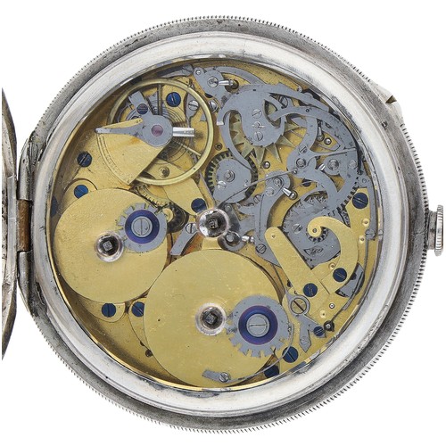 14 - Swiss silver repeating pocket watch with Grande Sonnerie, unsigned two train movement with hammers s... 