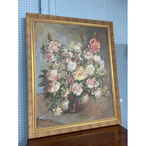 Anne Cotterill (1933-2010) - Still life of summer flowers, including roses and honeysuckle, signed and dated '67 (1967), oil on board, 30" x 24"