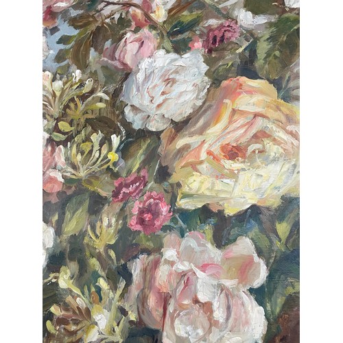 86 - Anne Cotterill (1933-2010) - Still life of summer flowers, including roses and honeysuckle, signed a... 
