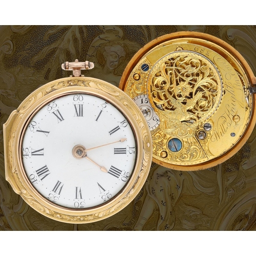 William Knight, London - George III 22ct repoussé pair cased verge pocket watch, London 1776, No. 389, signed fusee movement with a three-arm balance, foliate pierced balance cock, silver regulating disc and square baluster pillars, enamel Roman numeral dila with outer Arabic numeral chapter, gold hands, plain inner case and  fine repoussé outer case depicting ladies and dogs in a garden setting, inner case maker 'TL', 81.8gm, 44.5mm