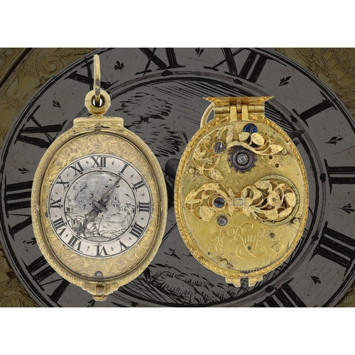 Jean Rousseau - fine and rare 17th century pre-balance spring oval puritan pendant watch, signed fusee movement with gilt oval plates with engraved border, pieced and engraved pinned balance cock, blued steel set up spring and ratchet wheel, plain three-arm balance wheel, round vase form baluster pillars, silver Roman numeral dial engraved with a rural village scene set upon a gilt oval floral panel, single steel hand, in a silver case with applied gilt bands, 48mm x 31mm