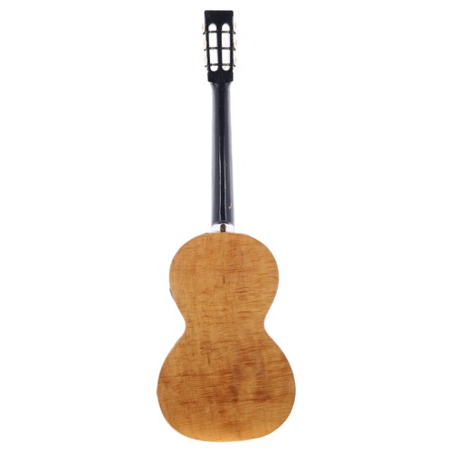 2131 - German small bodied classical guitar, circa 1890; Back and sides: figured maple, damage to treble si... 