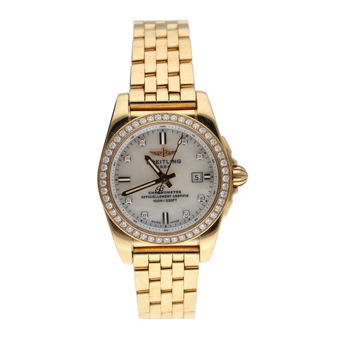 Breitling Galatic 29 Sleek Edition 18ct rose gold and diamond set lady's wristwatch, reference no. H7234853/A792, serial no. 6066xxx, No. 1xx, circa 2017, mother of pearl dial with diamond markers and date aperture, diamond set bezel, quartz, Breitling bracelet, 112.7gm, 29mm